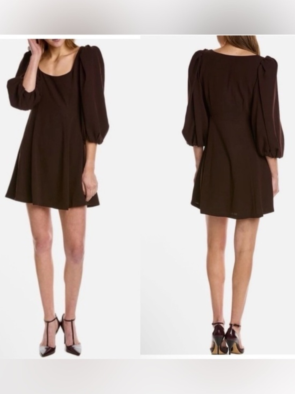 NEW Rebecca Taylor Poof Sleeve Scoop Neck Crepe Babydoll Mini Dress Brown Size 6
